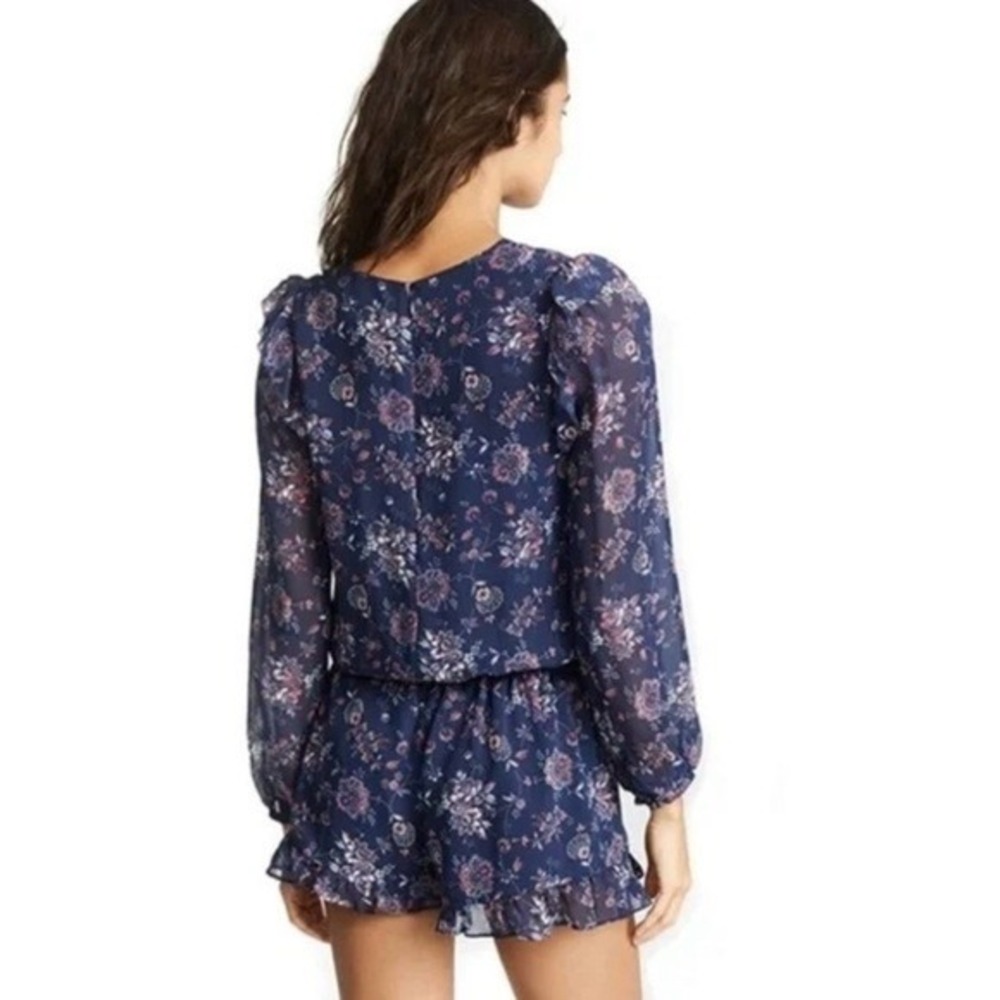 Joie Women Cherita Silk Floral Romper S Blue Sheer Long Sleeve Drawstring Waist - Picture 2 of 10
